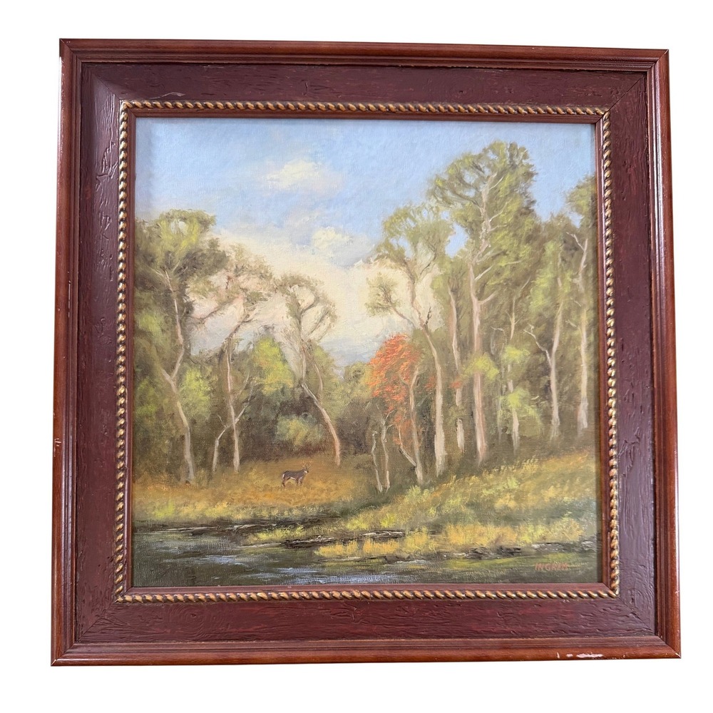 Painting Original Signed Ingram Deer Forest Creek Landscape Frame Wall Art Decor